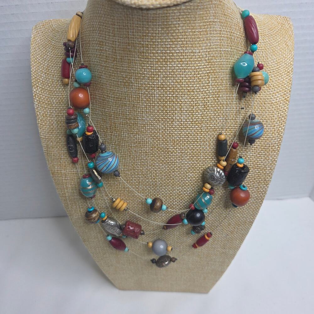 Southwestern Style Boho Multi-Strand Glass Wood & Metal Beads Necklace Jewelry